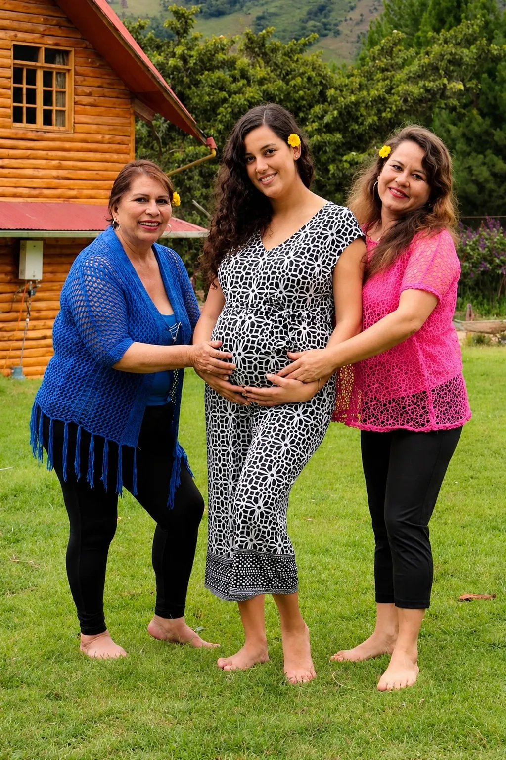 Tres integrantes de una familia compartiendo un momento en el jardín de Elfen